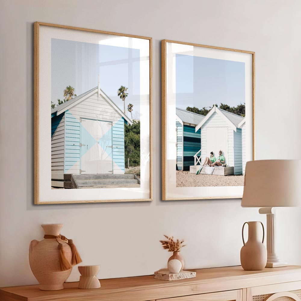 Charming Coastal Beach Hut Oil Painting with Bright Colors and Palm Trees