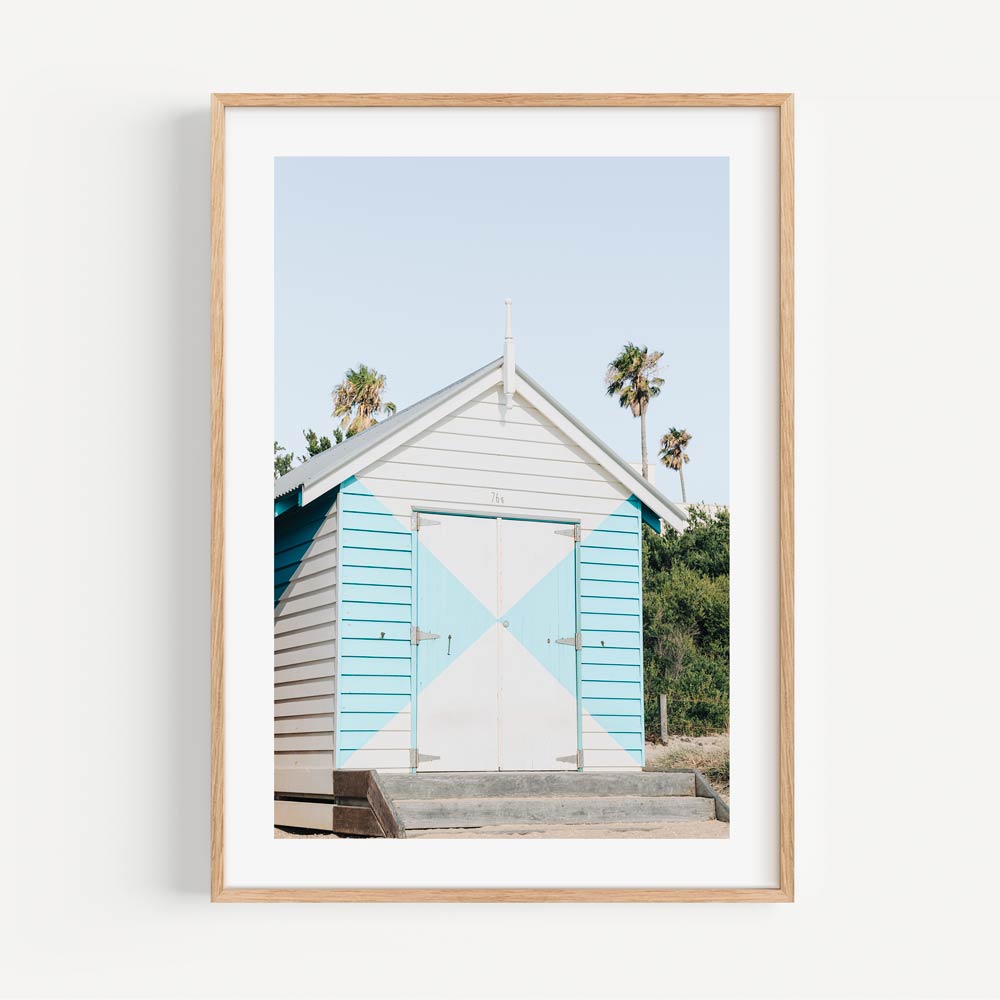 Charming Coastal Beach Hut Oil Painting with Bright Colors and Palm Trees