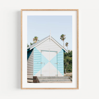 Charming Coastal Beach Hut Oil Painting with Bright Colors and Palm Trees