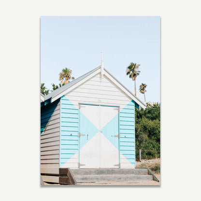 Charming Coastal Beach Hut Oil Painting with Bright Colors and Palm Trees
