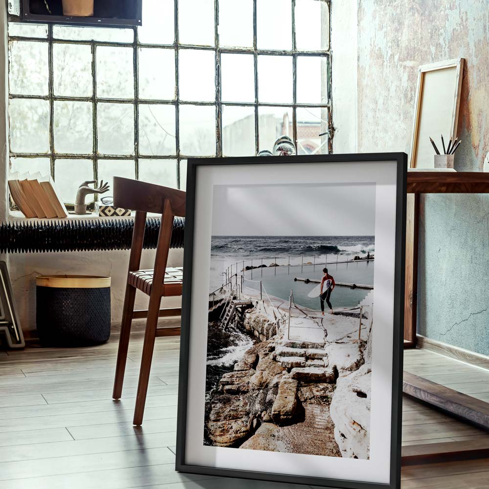 Serene Coastal Escape: Oil Painting of Bronte Pool and Surfer at Ocean's Edge