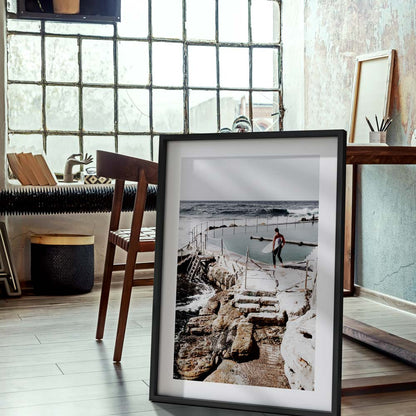 Serene Coastal Escape: Oil Painting of Bronte Pool and Surfer at Ocean's Edge