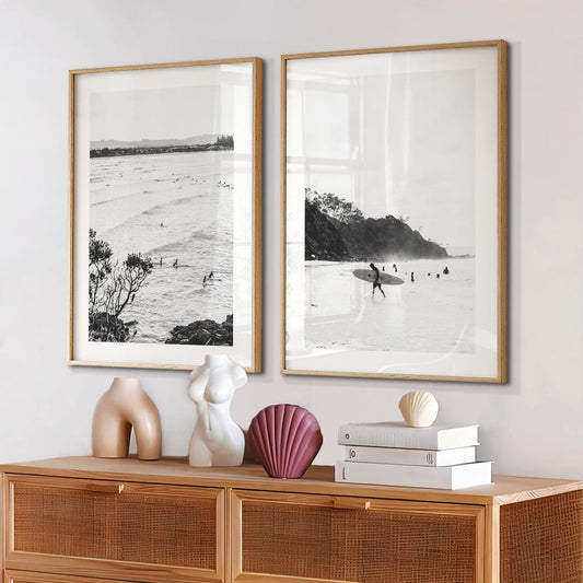 Black and White Coastal Art - Wategos Beach & The Pass Surfers Duo