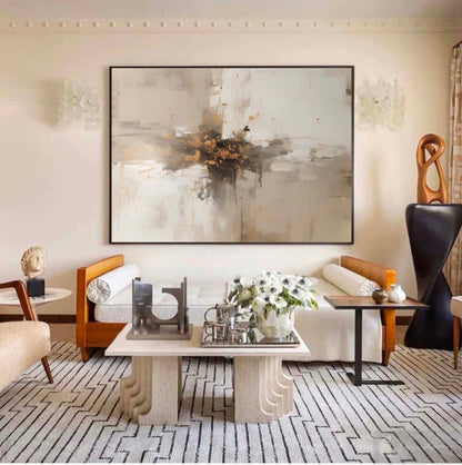 Elegant Minimalist Abstract Oil Painting with Gold Accents for Modern Decor