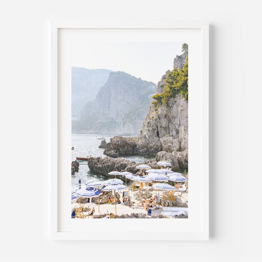 Scenic Capri Coastline Oil Painting - Coastal Serenity with Umbrellas and Rocky Shores
