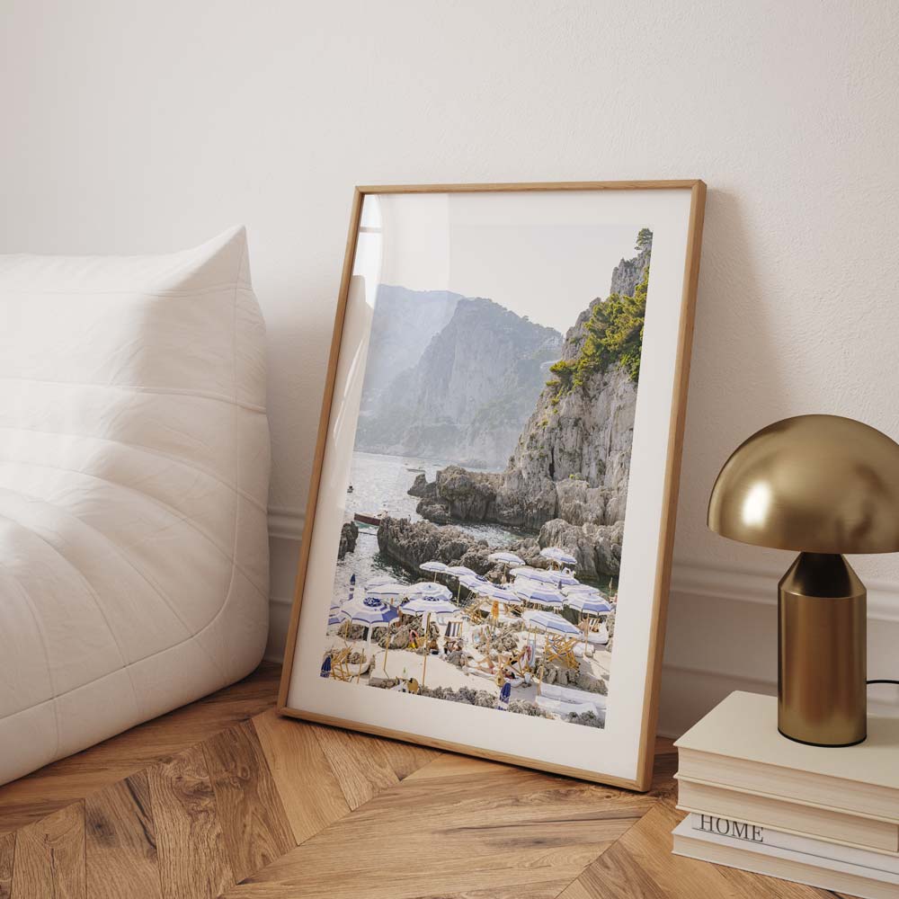 Scenic Capri Coastline Oil Painting - Coastal Serenity with Umbrellas and Rocky Shores