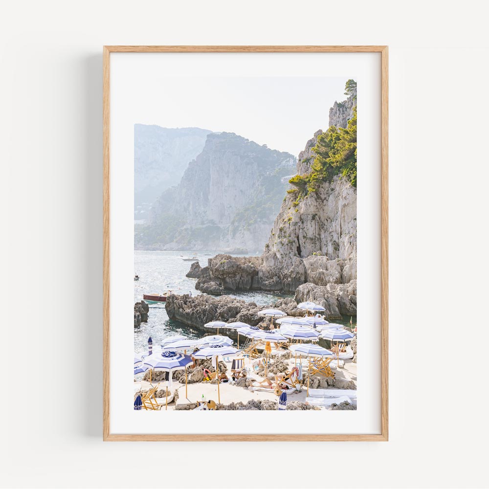 Scenic Capri Coastline Oil Painting - Coastal Serenity with Umbrellas and Rocky Shores