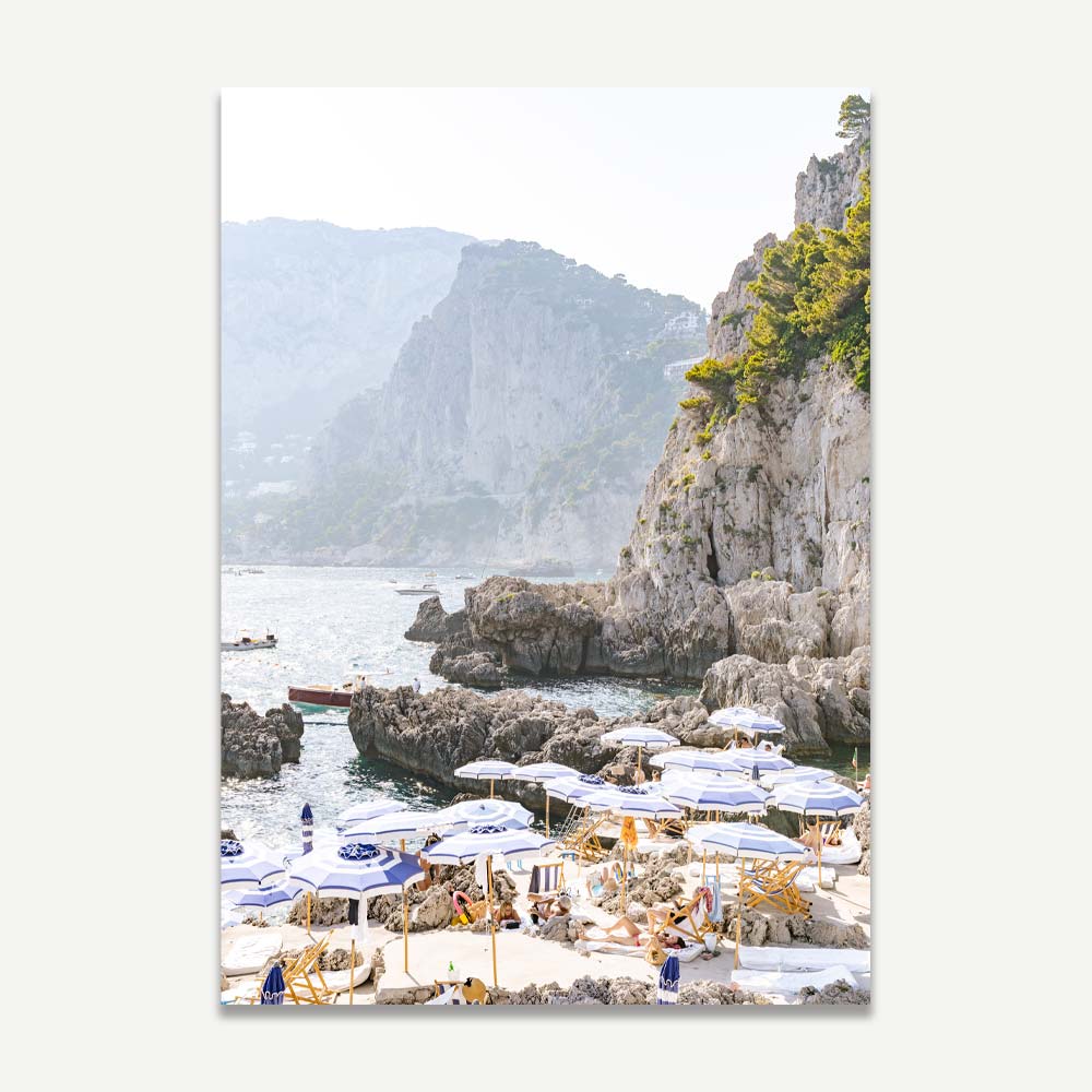 Scenic Capri Coastline Oil Painting - Coastal Serenity with Umbrellas and Rocky Shores