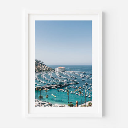 Scenic Catalina Harbor Oil Painting - Serene Waterfront View with Boats and Palm Trees