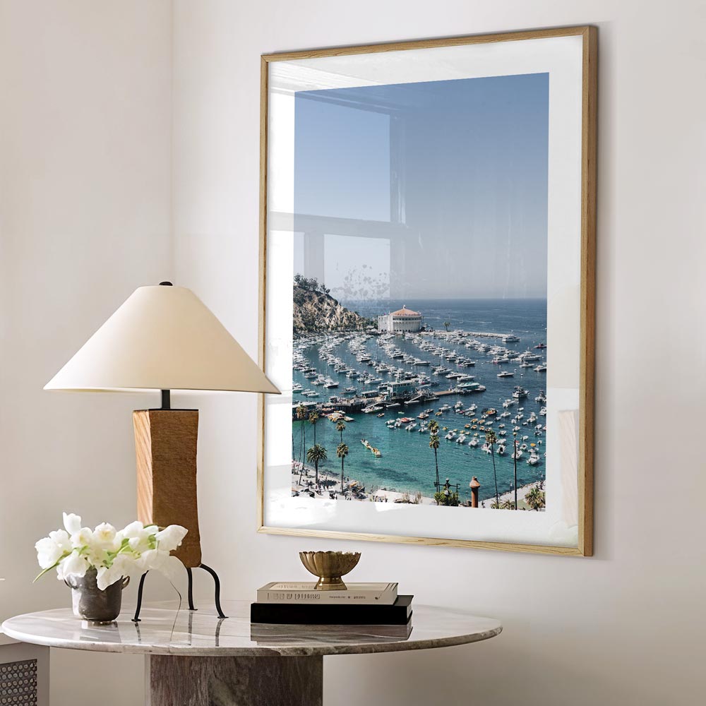 Scenic Catalina Harbor Oil Painting - Serene Waterfront View with Boats and Palm Trees