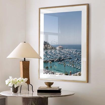 Scenic Catalina Harbor Oil Painting - Serene Waterfront View with Boats and Palm Trees
