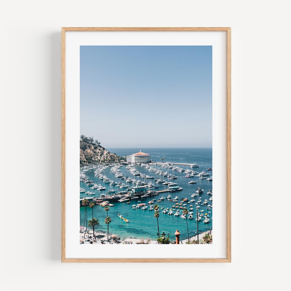 Scenic Catalina Harbor Oil Painting - Serene Waterfront View with Boats and Palm Trees