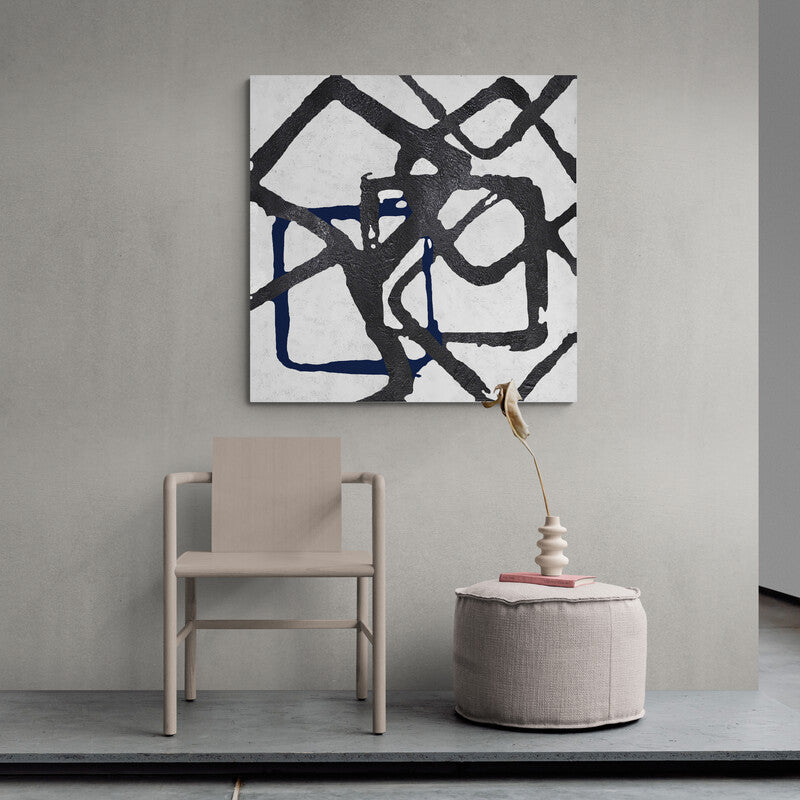 Dynamic Abstract Lines in Black and Navy Oil Painting for Modern Home Decor