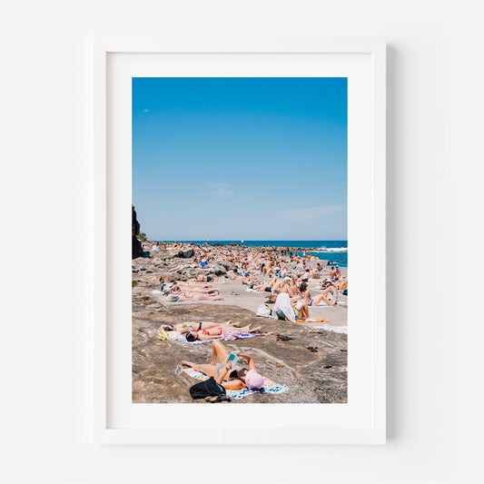 Serene Beach Day: Vibrant Oil Painting of Sunbathers by the Shore