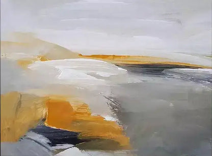 Modern Abstract Landscape Oil Painting in Soft Gray and Gold Tones