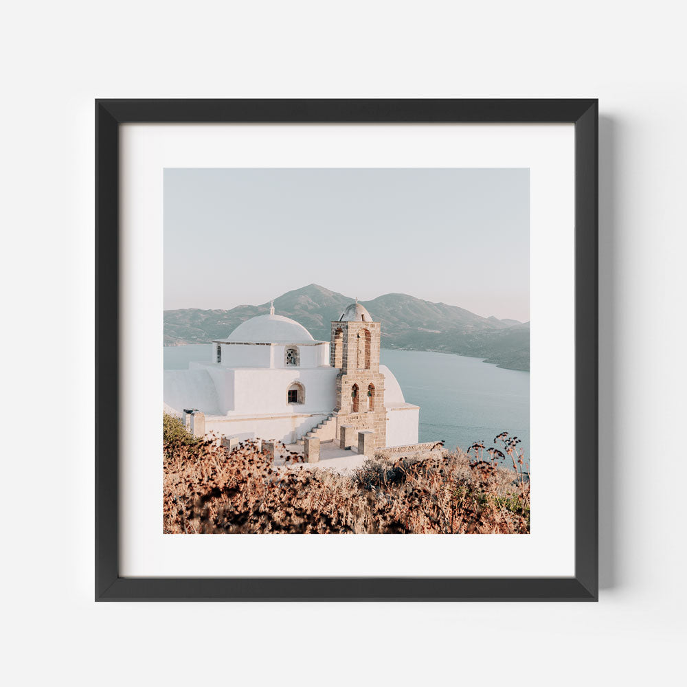 Serene Oil Painting of a Majestic Church Overlooking Tranquil Waters