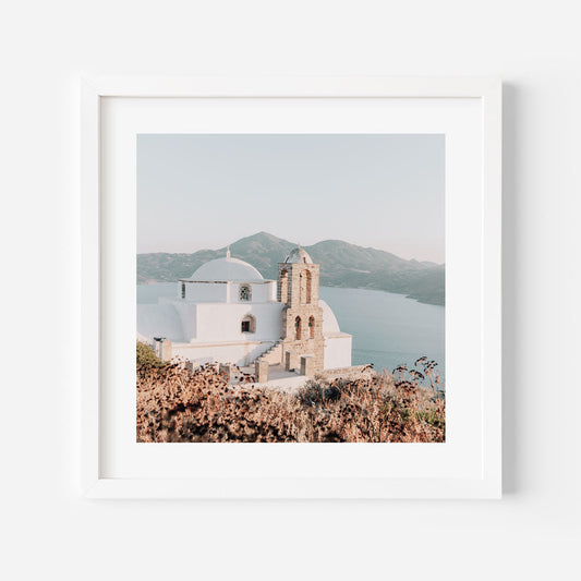 Serene Oil Painting of a Majestic Church Overlooking Tranquil Waters