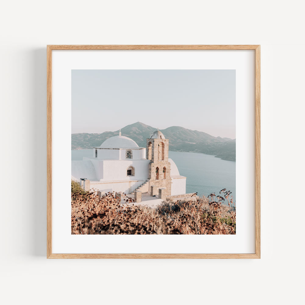 Serene Oil Painting of a Majestic Church Overlooking Tranquil Waters