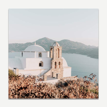 Serene Oil Painting of a Majestic Church Overlooking Tranquil Waters