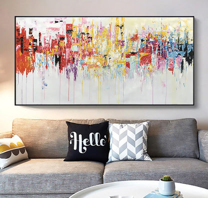 Vibrant Abstract City Skyline Oil Painting for Modern Home Decor