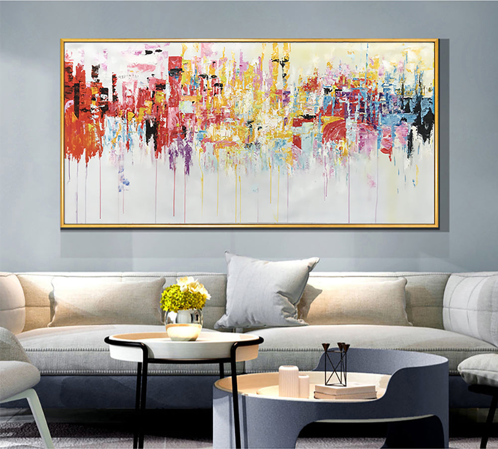 Vibrant Abstract City Skyline Oil Painting for Modern Home Decor