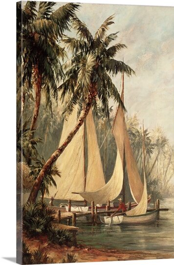 Serene Coastal Sailing Scene with Palm Trees and Boats in Tranquil Waters