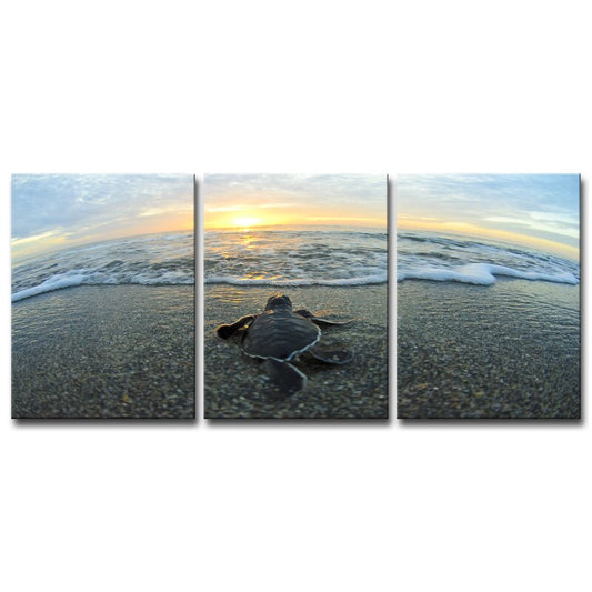 Serene Coastal Sunset with Baby Turtle on Sandy Beach - Tranquil Oil Painting