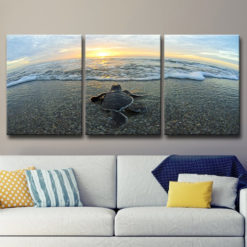 Serene Coastal Sunset with Baby Turtle on Sandy Beach - Tranquil Oil Painting
