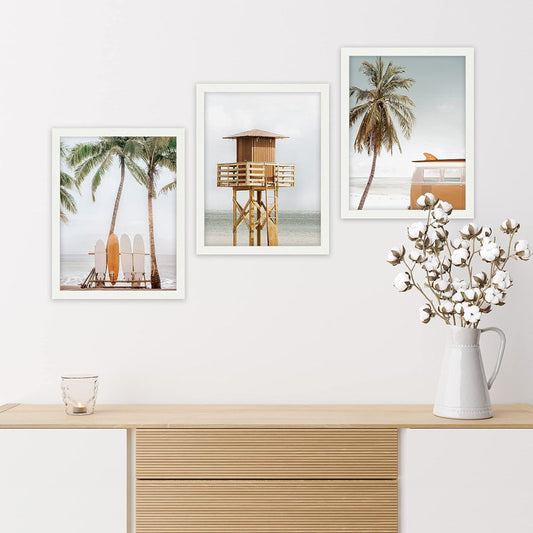 Coastal Beach Wall Art Decor - Multicolor Oil Painting with Palm Trees and Lifeguard Tower