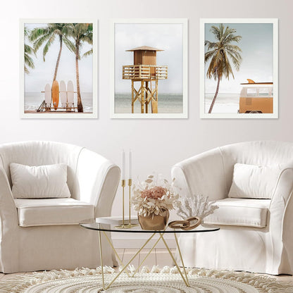 Coastal Beach Wall Art Decor - Multicolor Oil Painting with Palm Trees and Lifeguard Tower