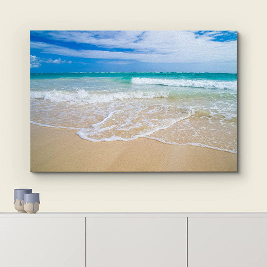Serene Coastal Beach Oil Painting of Waves and Clear Blue Summer Sky