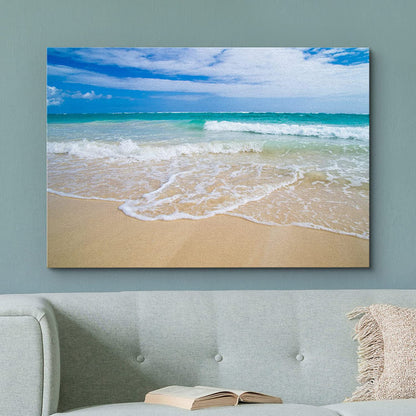 Serene Coastal Beach Oil Painting of Waves and Clear Blue Summer Sky