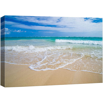 Serene Coastal Beach Oil Painting of Waves and Clear Blue Summer Sky