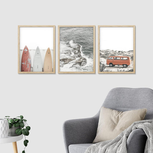 Coastal Surfboard Art Triptych - Vintage Beach Van and Waves - Nature Decor