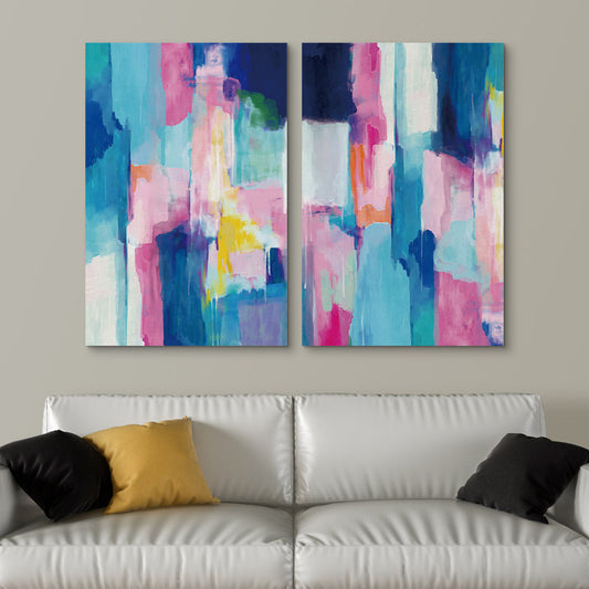 Vibrant Blue Pink Abstract Oil Painting Set | Modern Geometric Wall Art for Contemporary Decor