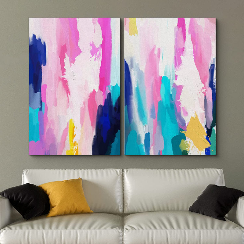 Vibrant Abstract Oil Painting in Pink and Blue for Modern Home Decor