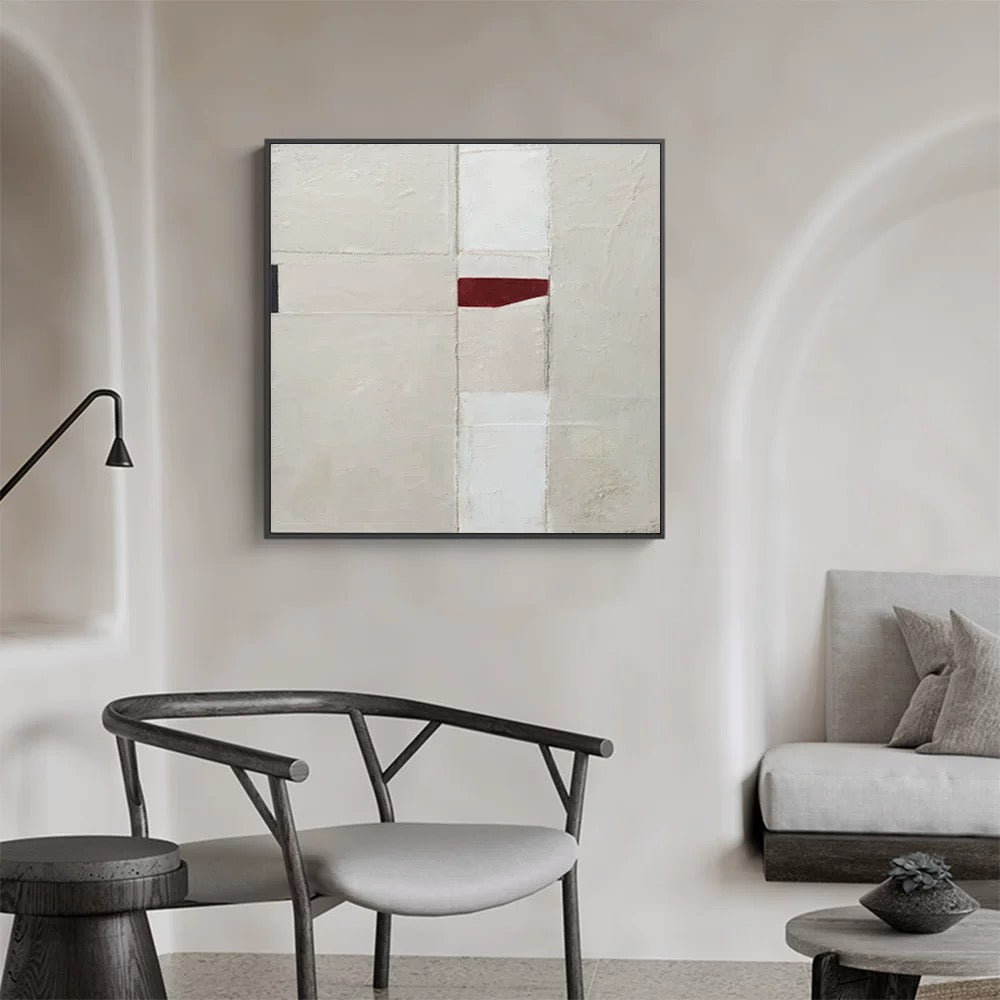 Abstract Oil Painting with Red Accent and Soft Neutral Tones for Modern Decor