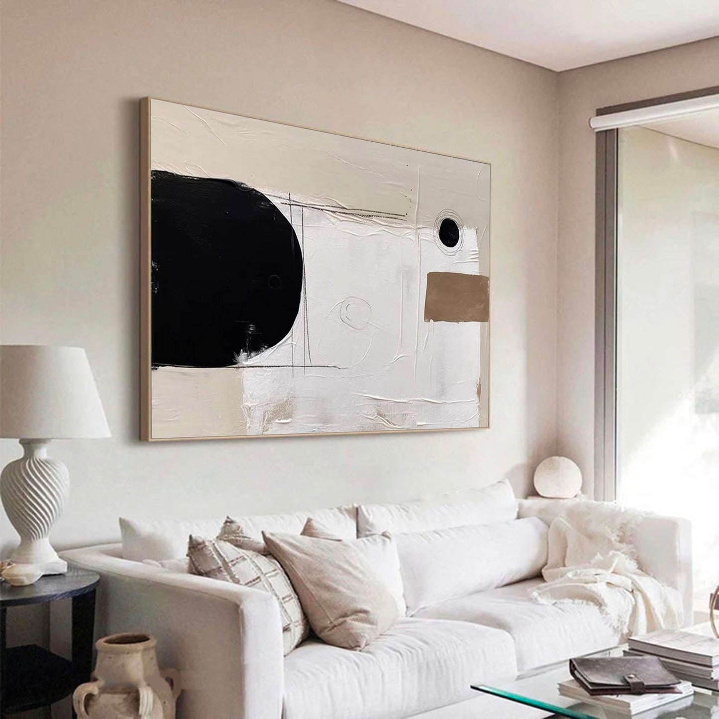 Elegant Minimalist Abstract Oil Painting in Black and White for Modern Decor