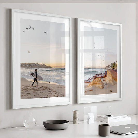 Serene Beach Moments: Surfer at Dawn and Vibrant Bondi Coastline Art