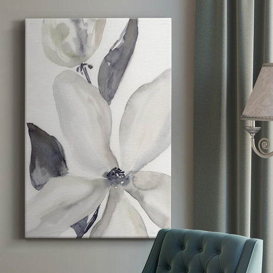 Serene Floral Oil Painting - Elegant Daybreak Bloom in Soft Gray and White Tones