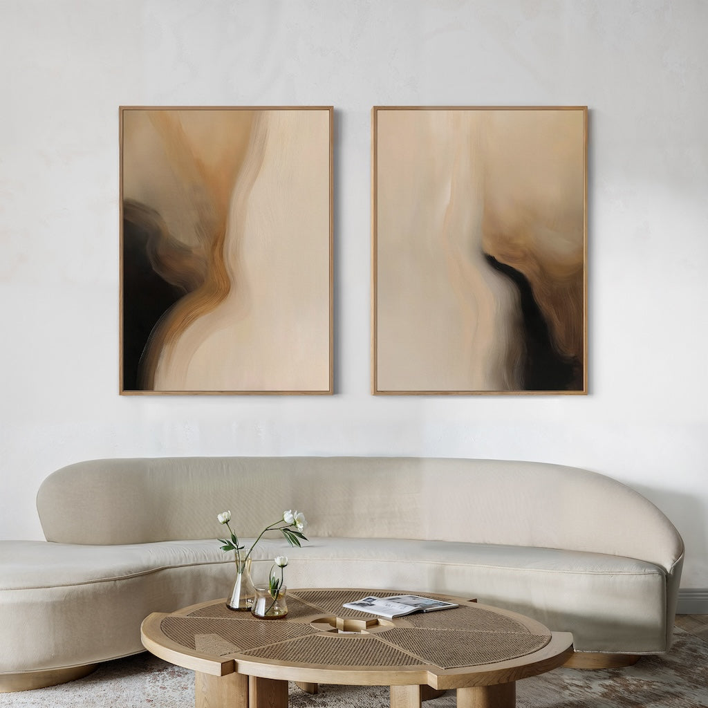 Serene Desert Landscape Oil Painting Pair in Warm Earth Tones for Modern Decor