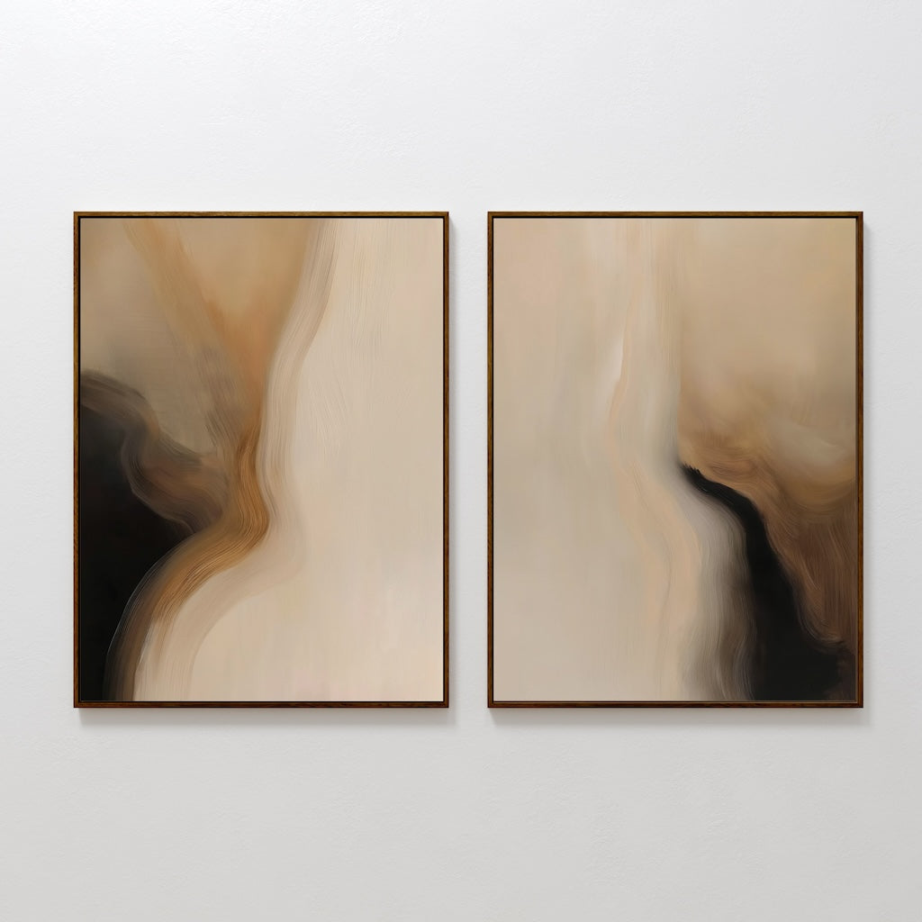 Serene Desert Landscape Oil Painting Pair in Warm Earth Tones for Modern Decor