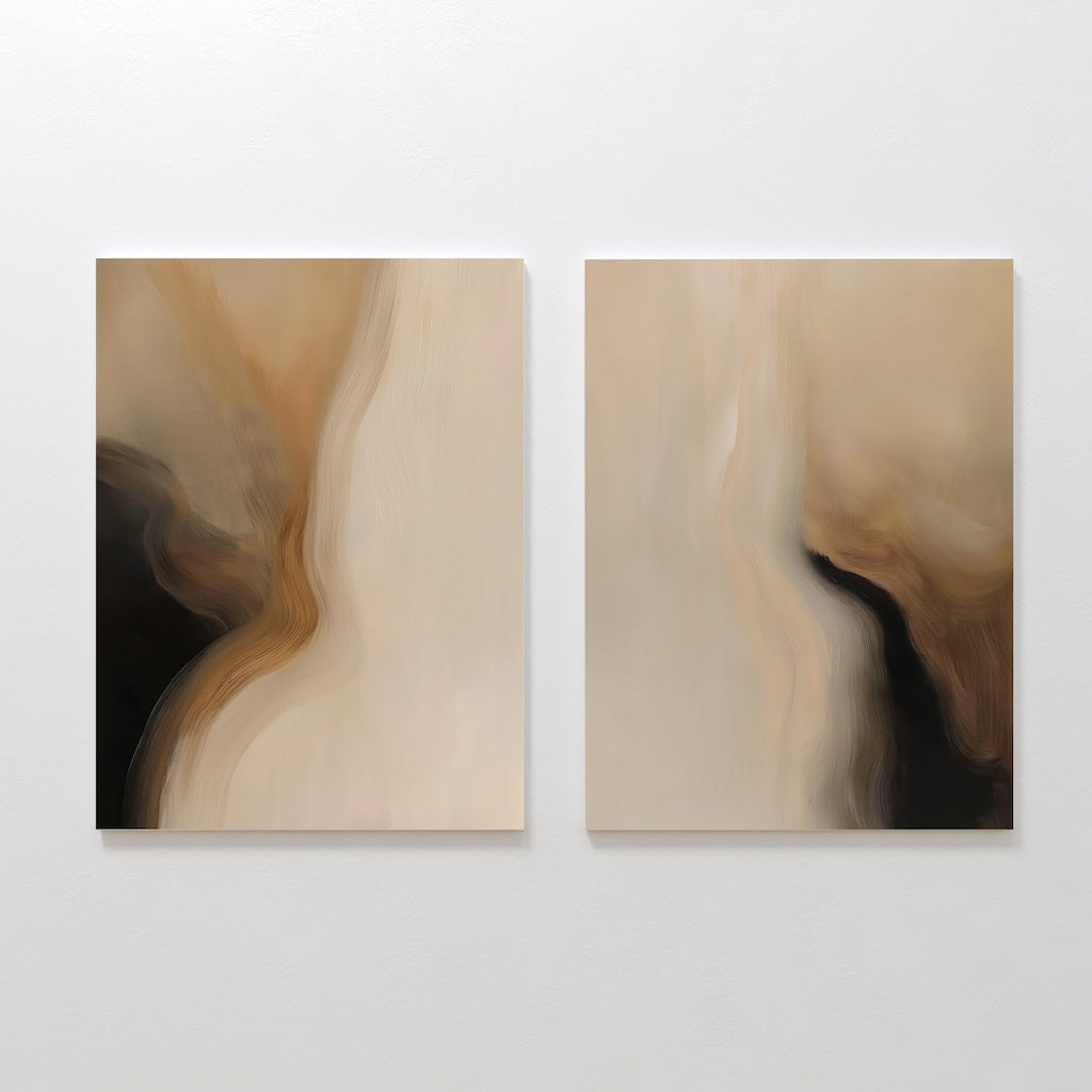 Serene Desert Landscape Oil Painting Pair in Warm Earth Tones for Modern Decor