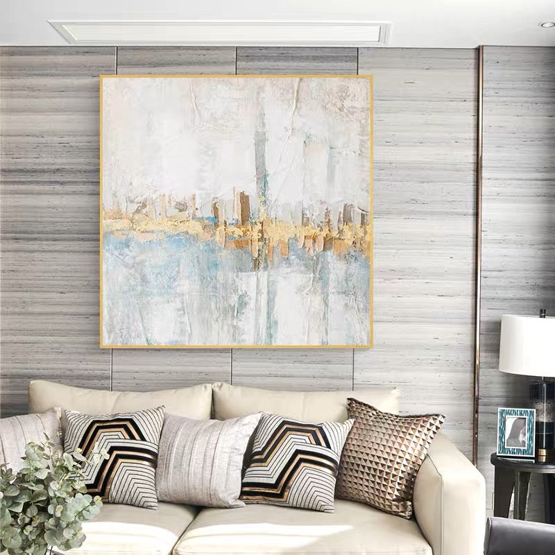 Elegant Abstract Oil Painting with Gold and Blue Accents for Modern Decor