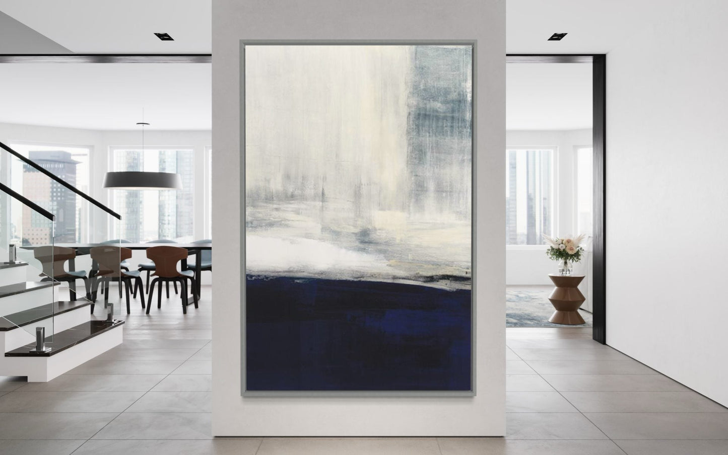 Serene Abstract Oil Painting in Tranquil Shades of Blue and Soft White