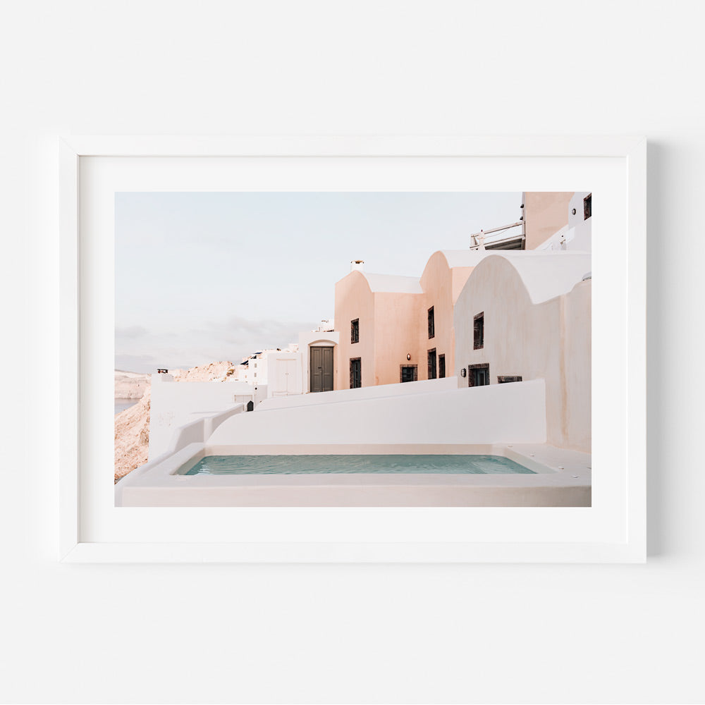 Serene Oil Painting of Tranquil Coastal Architecture in Soft Pastel Colors