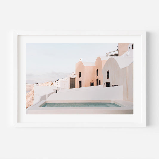 Serene Oil Painting of Tranquil Coastal Architecture in Soft Pastel Colors