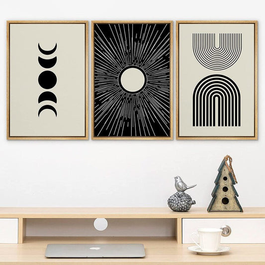 Geometric Crescent Moon and Sun Trio Canvas Art for Modern Home Decor
