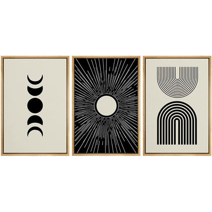 Geometric Crescent Moon and Sun Trio Canvas Art for Modern Home Decor