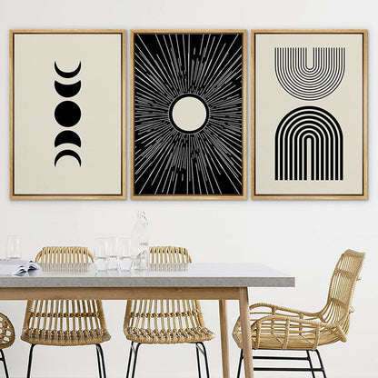 Geometric Crescent Moon and Sun Trio Canvas Art for Modern Home Decor